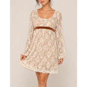 Laundry Coquette Babydoll Lace Dress Size 12 Cream Brown Cottage Boho Ren Faire